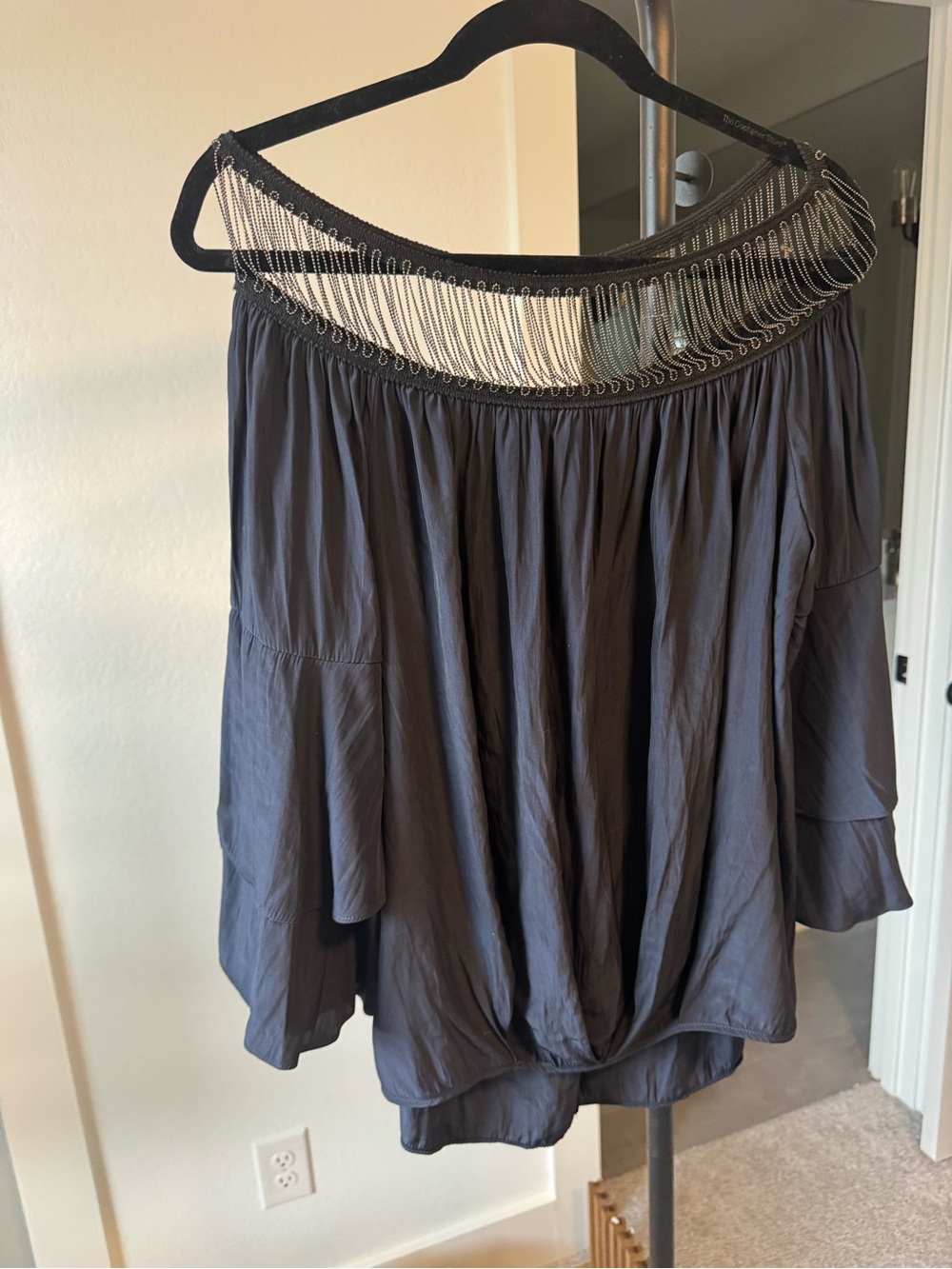 Charcoal Gray Off-Shoulder Women’s Blouse with Chain-Trim Neckline